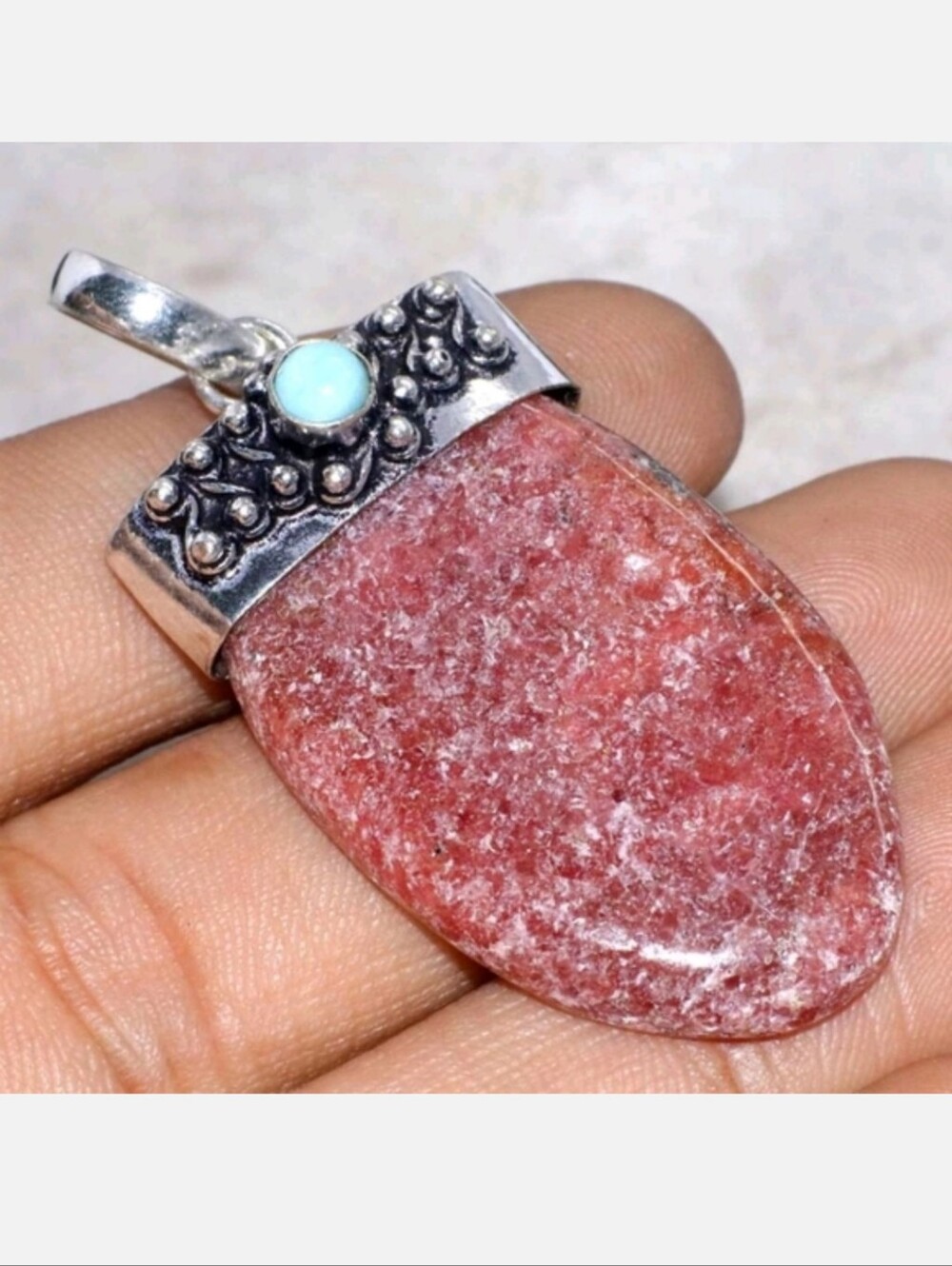 Rhodonite, Larimar Gemstone 925 Sterling Silver Handmade Cap Pendant Necklace
